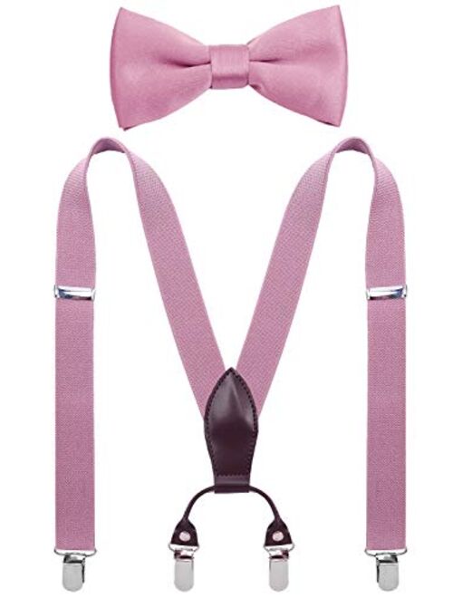 SUNNYTREE Boys Suspenders Bow Tie Set Adjustable Leather Y Back with 4 Clips