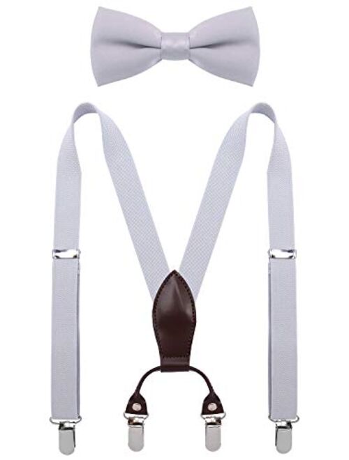 SUNNYTREE Boys Suspenders Bow Tie Set Adjustable Leather Y Back with 4 Clips