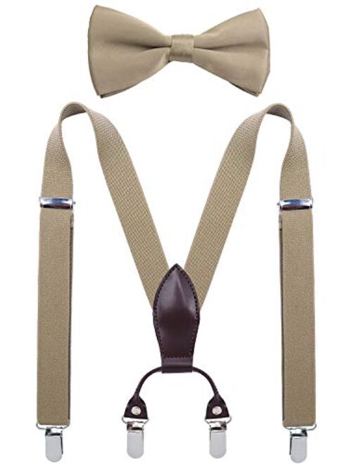 SUNNYTREE Boys Suspenders Bow Tie Set Adjustable Leather Y Back with 4 Clips