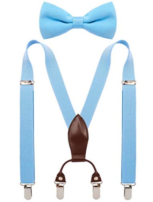 SUNNYTREE Boys Suspenders Bow Tie Set Adjustable Leather Y Back with 4 Clips