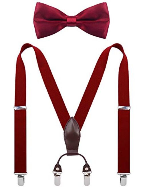 SUNNYTREE Boys Suspenders Bow Tie Set Adjustable Leather Y Back with 4 Clips