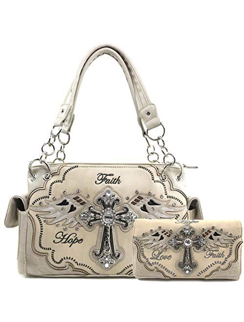 Justin West Women's Concealed Carry Angel Wings Cross Faith Hope Love Western Handbag Tote Purse