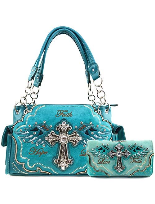 Justin West Women's Concealed Carry Angel Wings Cross Faith Hope Love Western Handbag Tote Purse