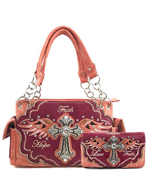 Justin West Women's Concealed Carry Angel Wings Cross Faith Hope Love Western Handbag Tote Purse