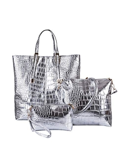 Women Stylish 3 Piece Bag Set,BBDI Alligator Pattern Lash Package PU Leather Shoulder Tote Purse Bag - Golden