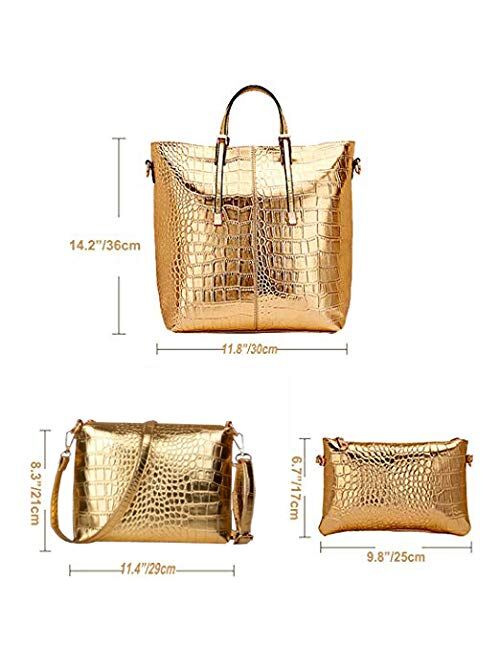 Women Stylish 3 Piece Bag Set,BBDI Alligator Pattern Lash Package PU Leather Shoulder Tote Purse Bag - Golden