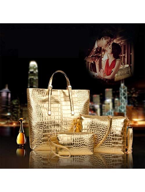 Women Stylish 3 Piece Bag Set,BBDI Alligator Pattern Lash Package PU Leather Shoulder Tote Purse Bag - Golden