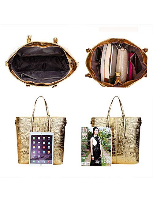 Women Stylish 3 Piece Bag Set,BBDI Alligator Pattern Lash Package PU Leather Shoulder Tote Purse Bag - Golden