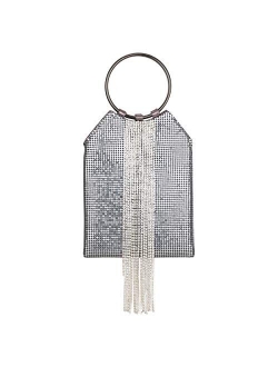 Wrist Handle Cocktail Party Wedding Evening Clutch Crystal Rhinestone Tassels Tote Handbag Metal Mesh Evening Bag