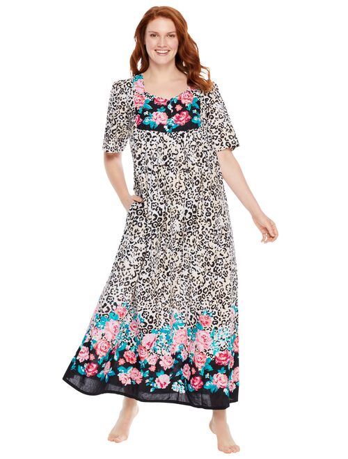 Only Necessities Women's Plus Size Mixed Print Long Lounger Nightgown