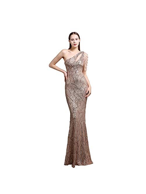 Mordarli Women One Shoulder Sequins Evening Gowns Formal Party Long Prom Dresses