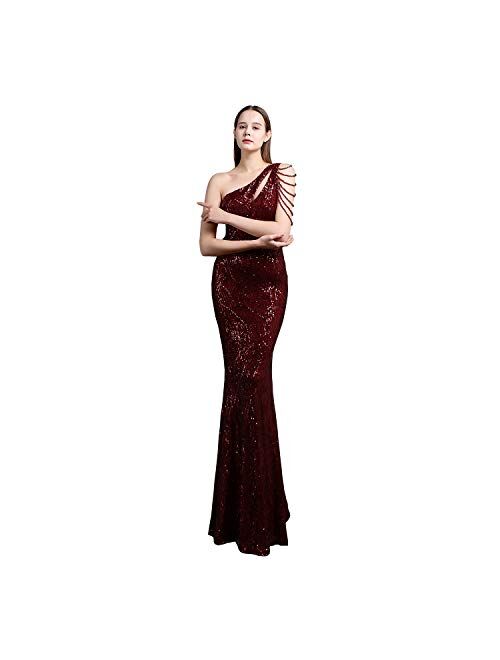 Mordarli Women One Shoulder Sequins Evening Gowns Formal Party Long Prom Dresses