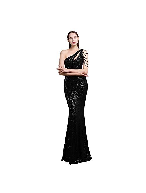 Mordarli Women One Shoulder Sequins Evening Gowns Formal Party Long Prom Dresses