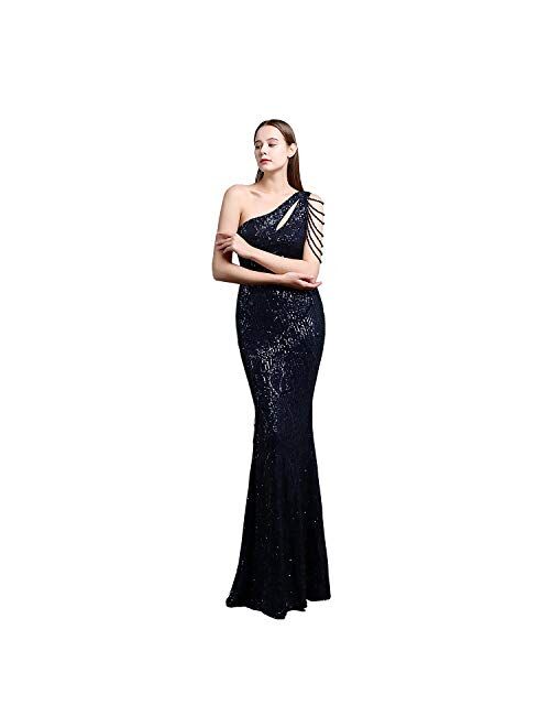 Mordarli Women One Shoulder Sequins Evening Gowns Formal Party Long Prom Dresses