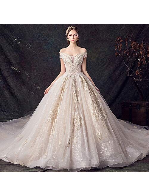 IOIOA Wedding Dresses, Women's Wedding Dress for Bride Lace Applique Evening Dress V Neck Straps Ball Gowns