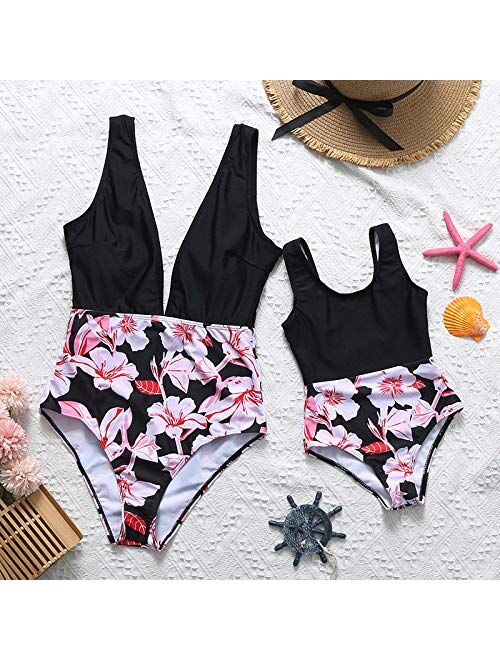 YIXING Flower Mommy and Me Bikini Dresses Clothes Woman Girl's Bath Suit Family Swimwear Mother/Mom Daughter Matching Swimsuits Beach (Color : BNRL A, Size : Mom S)