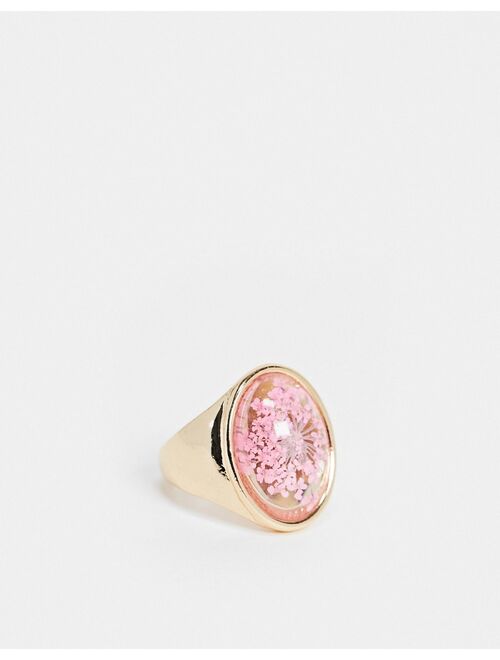 ASOS DESIGN ring with trapped flower in gold tone