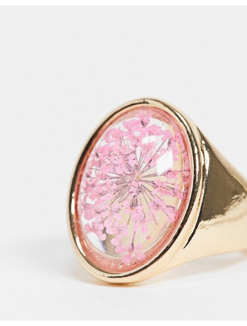 ASOS DESIGN ring with trapped flower in gold tone