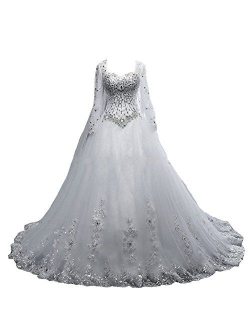 Lazacos Women's Long Sleeves Crystal Sequins Appliques Ball Gown Wedding Dress