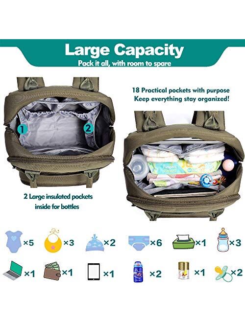 Diaper Bag Backpack, BabbleRoo Baby Nappy Changing Bags Multifunction Waterproof Travel Back Pack with Changing Pad & Stroller Straps & Pacifier Case, Unisex and Stylish 