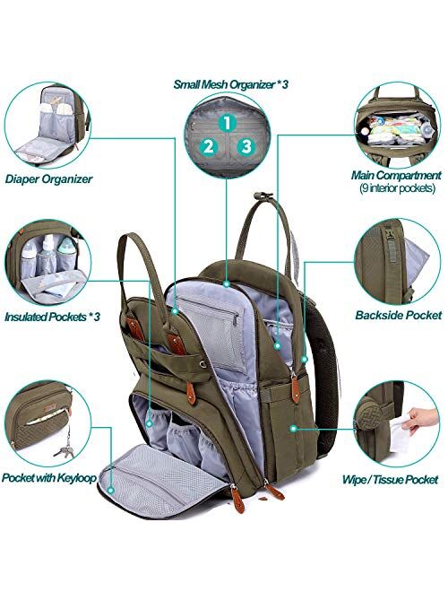 Diaper Bag Backpack, BabbleRoo Baby Nappy Changing Bags Multifunction Waterproof Travel Back Pack with Changing Pad & Stroller Straps & Pacifier Case, Unisex and Stylish 