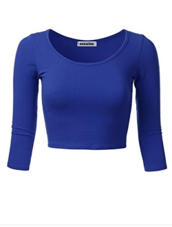 SSOULM Women's 3/4 Sleeve Scoop Neck Cotton Slim Fit Crop Top (S-1XL)