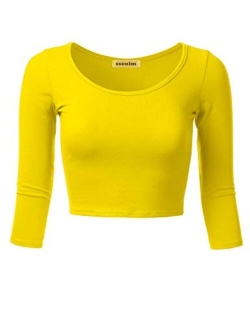 SSOULM Women's 3/4 Sleeve Scoop Neck Cotton Slim Fit Crop Top (S-1XL)