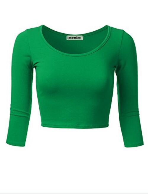 SSOULM Women's 3/4 Sleeve Scoop Neck Cotton Slim Fit Crop Top (S-1XL)