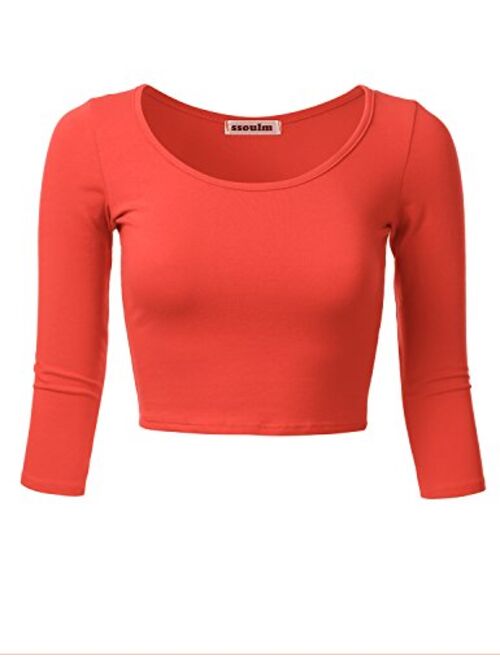 SSOULM Women's 3/4 Sleeve Scoop Neck Cotton Slim Fit Crop Top (S-1XL)