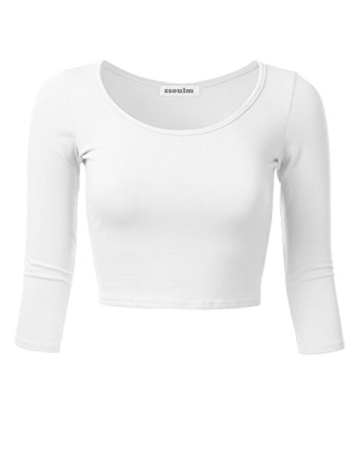 SSOULM Women's 3/4 Sleeve Scoop Neck Cotton Slim Fit Crop Top (S-1XL)