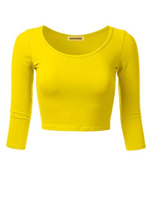 SSOULM Women's 3/4 Sleeve Scoop Neck Cotton Slim Fit Crop Top (S-1XL)