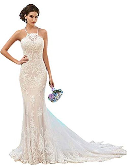 Fenghuavip Elegant Halter Lace Long Train Bridal Beach Wedding Dress