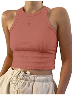 MISSACTIVER Women Basic Sleeveless Vest Crop Tank Top Casual Crew Neck Binding Crop Top