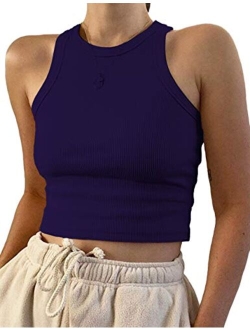 MISSACTIVER Women Basic Sleeveless Vest Crop Tank Top Casual Crew Neck Binding Crop Top