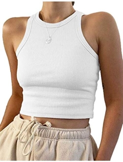 MISSACTIVER Women Basic Sleeveless Vest Crop Tank Top Casual Crew Neck Binding Crop Top