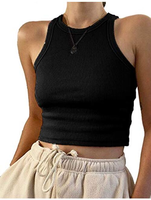 MISSACTIVER Women Basic Sleeveless Vest Crop Tank Top Casual Crew Neck Binding Crop Top