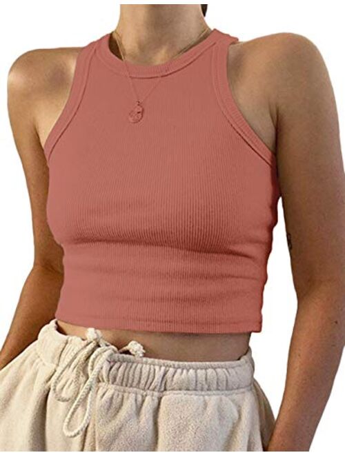 MISSACTIVER Women Basic Sleeveless Vest Crop Tank Top Casual Crew Neck Binding Crop Top