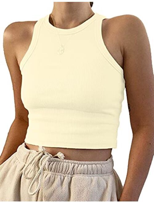 MISSACTIVER Women Basic Sleeveless Vest Crop Tank Top Casual Crew Neck Binding Crop Top