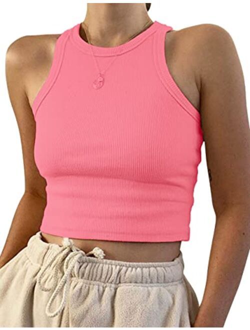 MISSACTIVER Women Basic Sleeveless Vest Crop Tank Top Casual Crew Neck Binding Crop Top