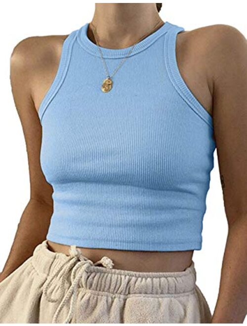 MISSACTIVER Women Basic Sleeveless Vest Crop Tank Top Casual Crew Neck Binding Crop Top