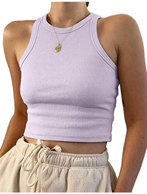 MISSACTIVER Women Basic Sleeveless Vest Crop Tank Top Casual Crew Neck Binding Crop Top