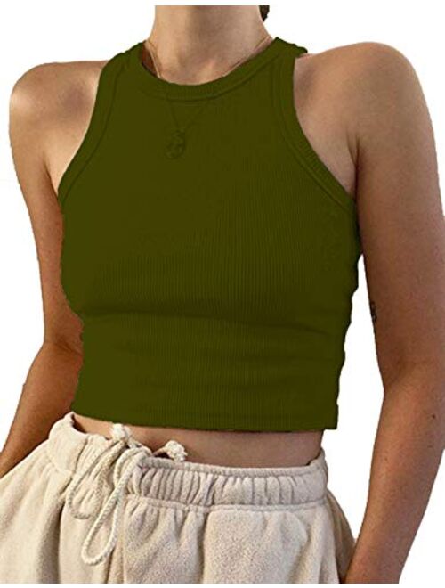 MISSACTIVER Women Basic Sleeveless Vest Crop Tank Top Casual Crew Neck Binding Crop Top