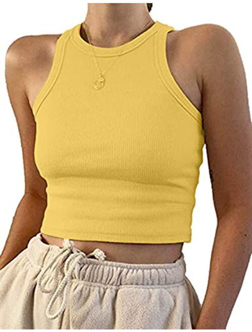 MISSACTIVER Women Basic Sleeveless Vest Crop Tank Top Casual Crew Neck Binding Crop Top