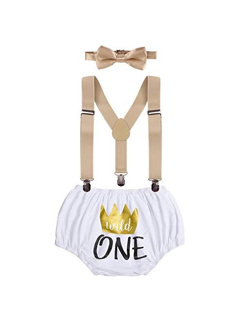 IBTOM CASTLE Baby Boys1st 2nd Birthday Cake Smash Photo Prop Outfits Wild ONE Bloomers Bow Tie Suspender Party Wedding Clothes Set