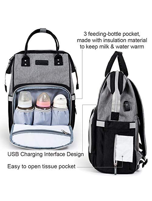 Diaper Bag Backpack Nappy Bag Upsimples Baby Bags for Mom and Dad Maternity Diaper Bag with USB Charging Port Stroller Straps Thermal Pockets,Water Resistant, Pink Grey