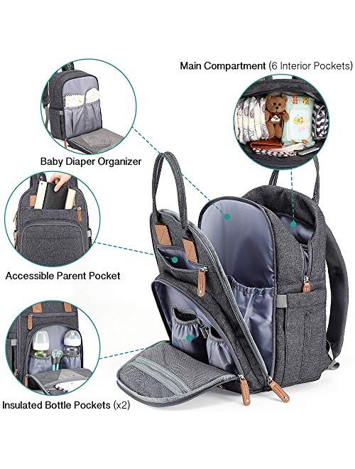 Diaper Bag Backpack, iniuniu Large Unisex Baby Bags Multifunction Travel Backpack for Mom and Dad with Changing Pad and Stroller Straps, Gray