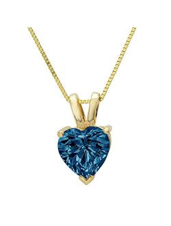 2.0 ct Brilliant Heart Cut Stunning Genuine Natural London Blue Topaz Ideal VVS1 D Solitaire Pendant Necklace With 16" Gold Chain Box Birthstone Solid 14k Yellow Gold Cla
