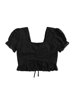 Women's Summer Square Neck Schiffy Drawstring Front Crop Top Blouse