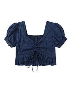 Women's Summer Square Neck Schiffy Drawstring Front Crop Top Blouse