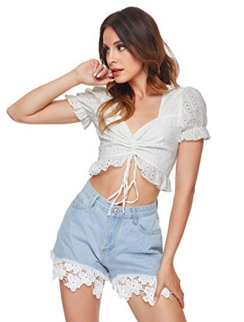 Floerns Women's Summer Square Neck Schiffy Drawstring Front Crop Top Blouse